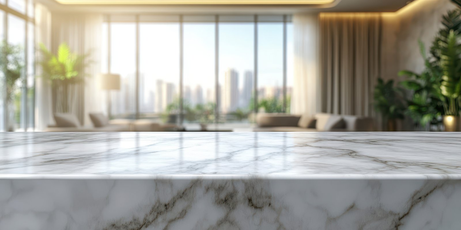 Marble countertop in modern living space with panoramic city view during daylight in a contemporary interior setting